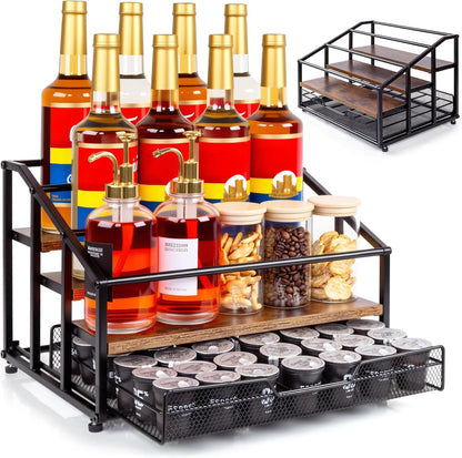 kimilus Coffee Syrup Rack Organizer, 4-Tier 12 Bottle Syrup Rack with 35 K Cup Drawer for Coffee Bar, Countertop Bottle Holder Stand for Dressing for Kitchen Cafe Station