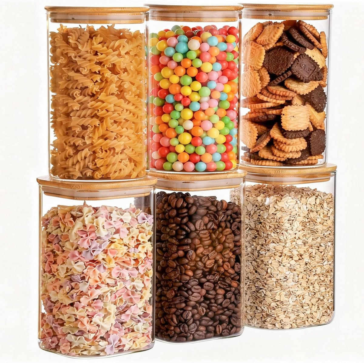 YUNCANG Glass Storage Jars 6 Pack 37oz Clear Glass Food Storage Containers with Airtight Bamboo Lid Stackable Kitchen Canisters for Candy,Cookie,Rice,Sugar,Flour,Pasta,Nuts and Spice Jars(Square)