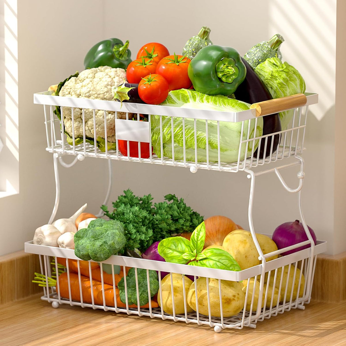 2 Tier Fruit Basket for Kitchen Counter with 2 Banana Hangers, Countertop Metal Bread Basket with Wooden Handle, Large Storage Stand for Vegetables, Snacks, Eggs, Produce Storage – Black