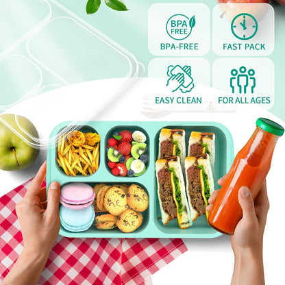 Bento Box Adult Lunch Box - 4 Pack, 5 - Compartment Meal Prep Container for Kids, Reusable Food Storage Snack Containers - Stackable for School, Work, and Travel (Wheat(Green/Blue/Pink/Beige))