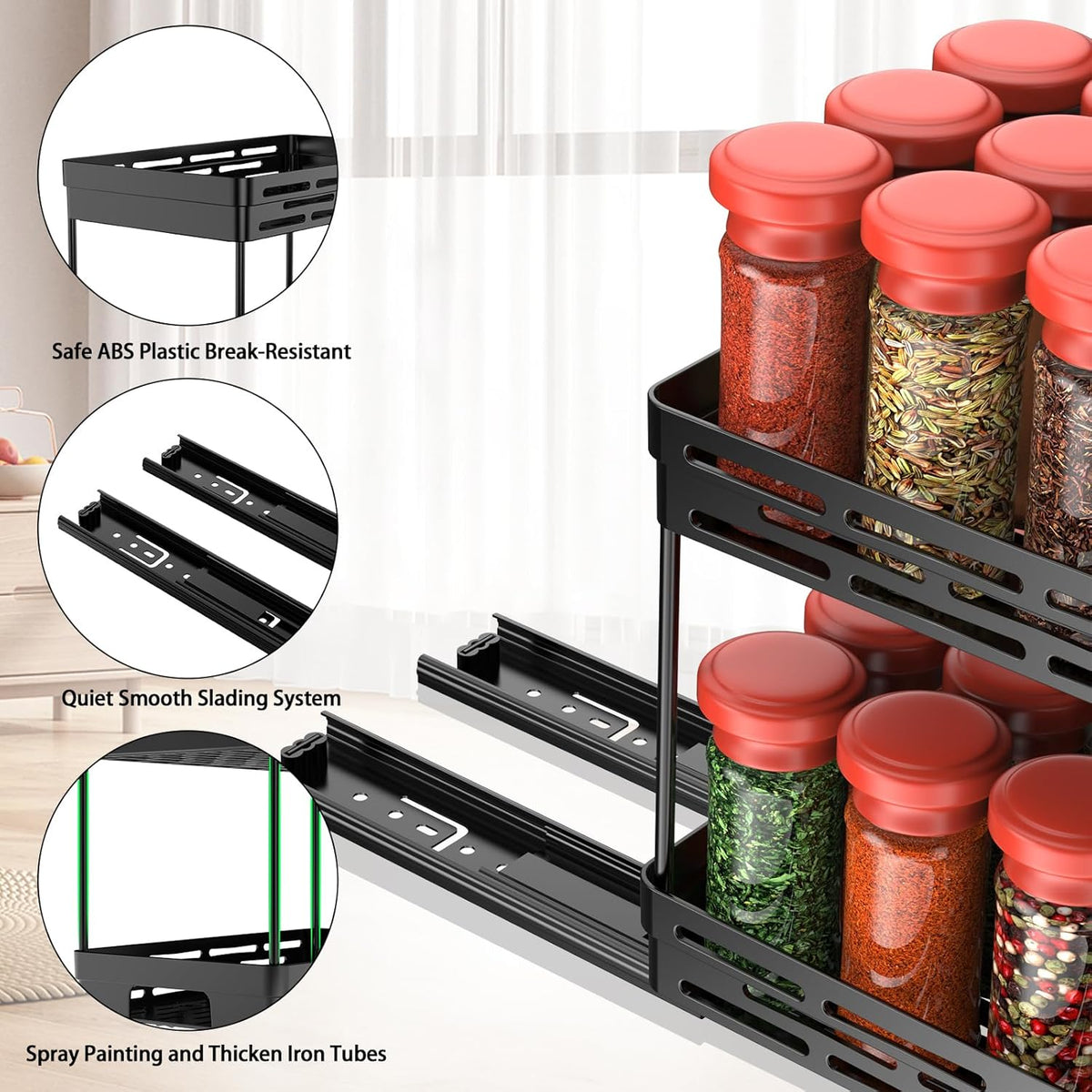 Pull Out Spice Rack Organizer for Cabinet, Slide Out Spice Racks Organizer, Spice Cabinet Organizers, Cabinet Size Need:12'' Highx11'' Deepx5'' Wide,Hold 10 Spice Jar Each Tier-2Tier, Black