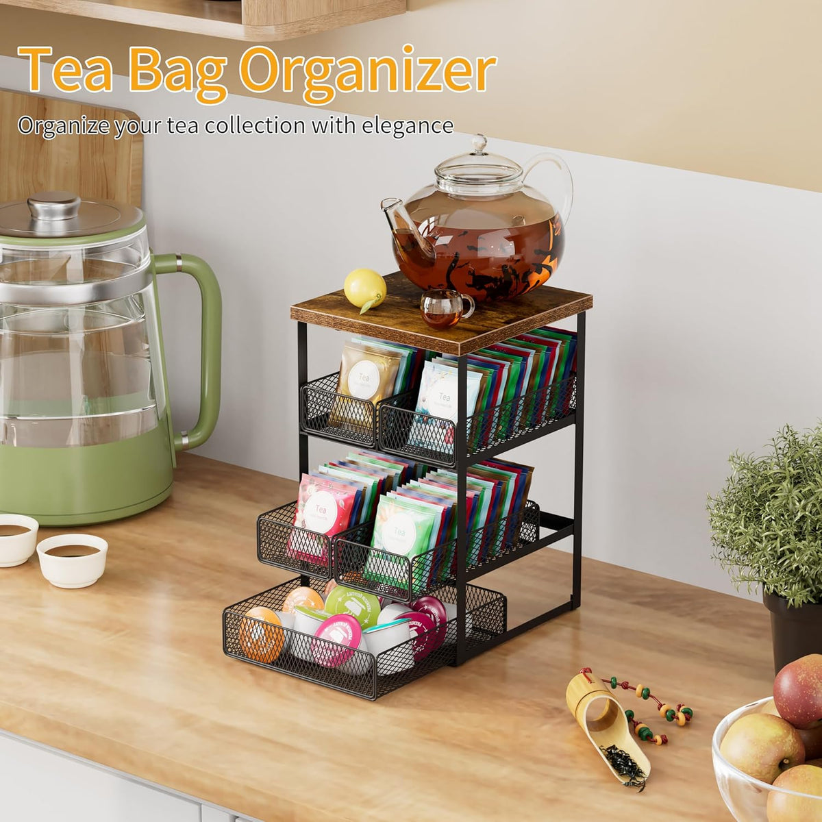 Tea Bag Organizer, 4 Tier Tea Bag Holder with 5 Drawers, Wood and Metal Tea Organizers and Storage Chest for Countertop Kitchen, Office, Brown