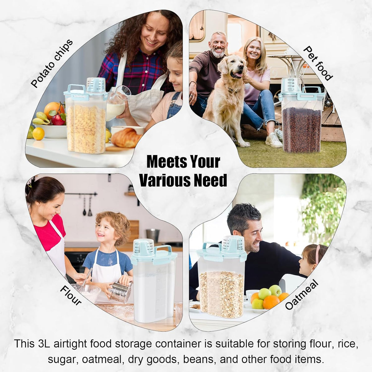 LEAWALK Airtight 4 LBS Rice/Cereal/Dry Food Storage Container BPA Free, 2.11Qt Clear Plastic Kitchen and Pantry Organization Bin Suitable for Oats, Flour, Sugar, Pasta, Pet Food, etc (Clear Grey)