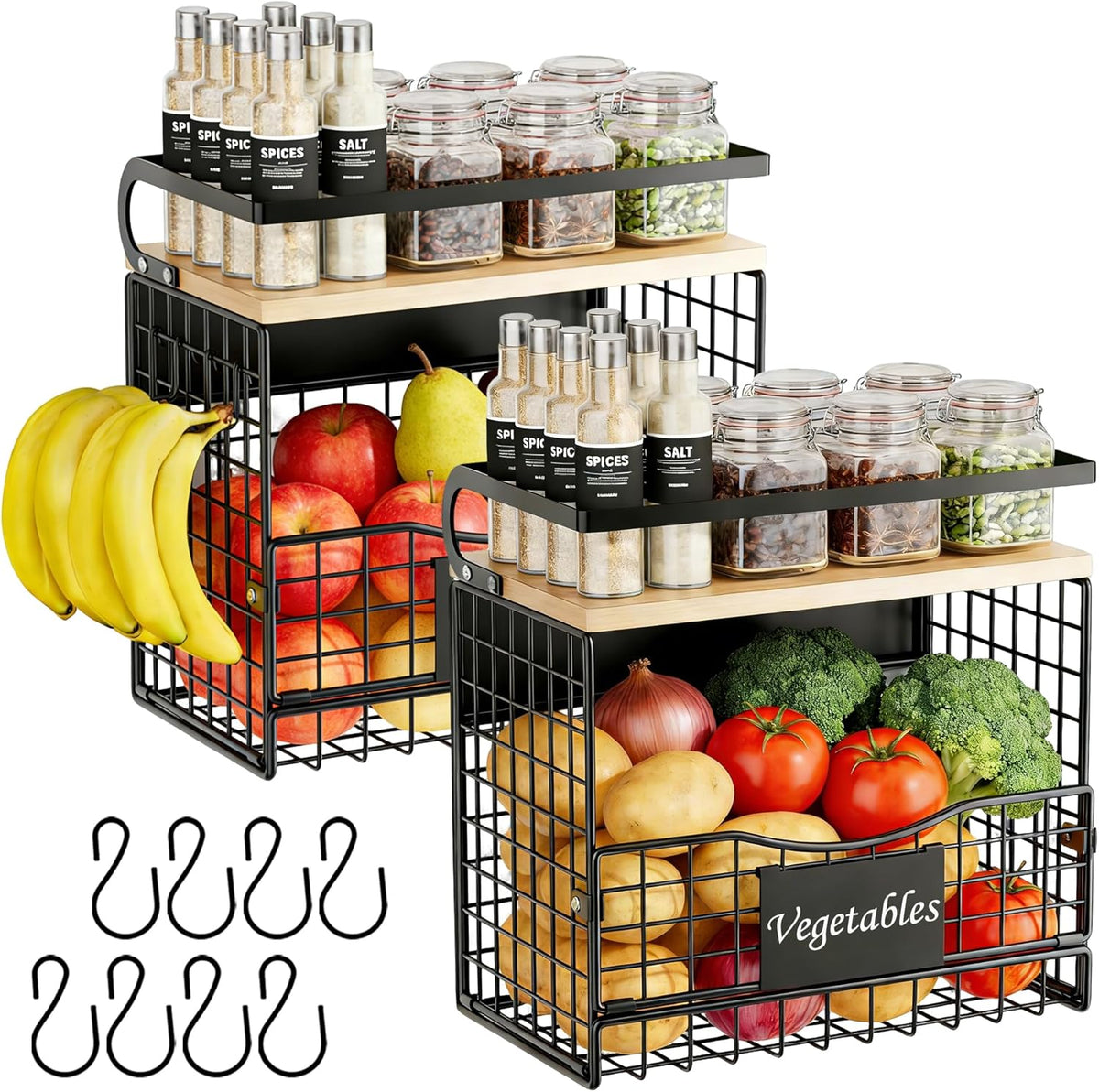 Magnetic Shelf for Fridge,Hanging Wall Basket for Potato Onion Fruit and Vegetable Storage Bins,Large Produce Container Magnetic Spice Rack for Refrigerator Kitchen Counter Pantry,Black