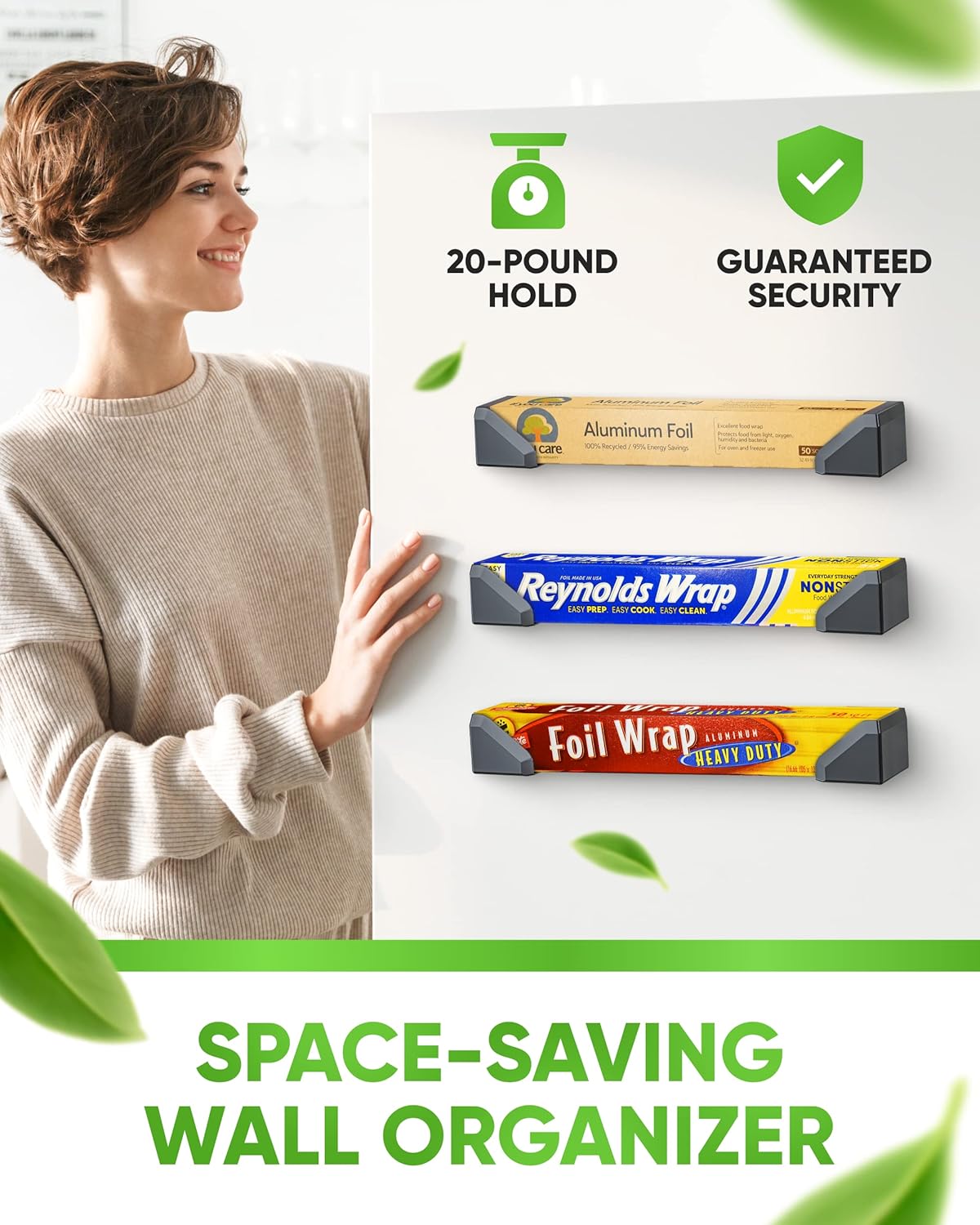 Skywin Adhesive Foil and Plastic Wrap Organizer Includes 2 Holders, Fits Box Width up to 2.4in/61mm, Heavy Duty Aluminum Foil Organization and Storage (White)