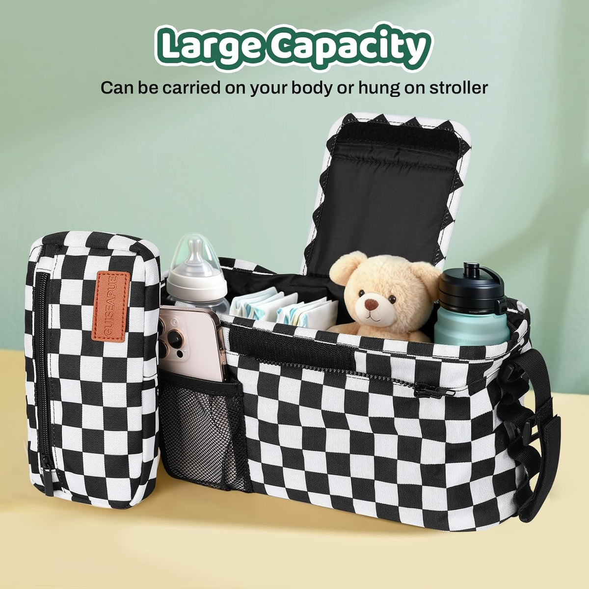 Guiseapue Universal Stroller Organizer with Cup Holder: Baby Essentials, Stroller Caddy Accessories with Detachable Phone Bag, Non-Slip Straps, Fits for Uppababy, Baby Jogger, New Moms Baby Gifts