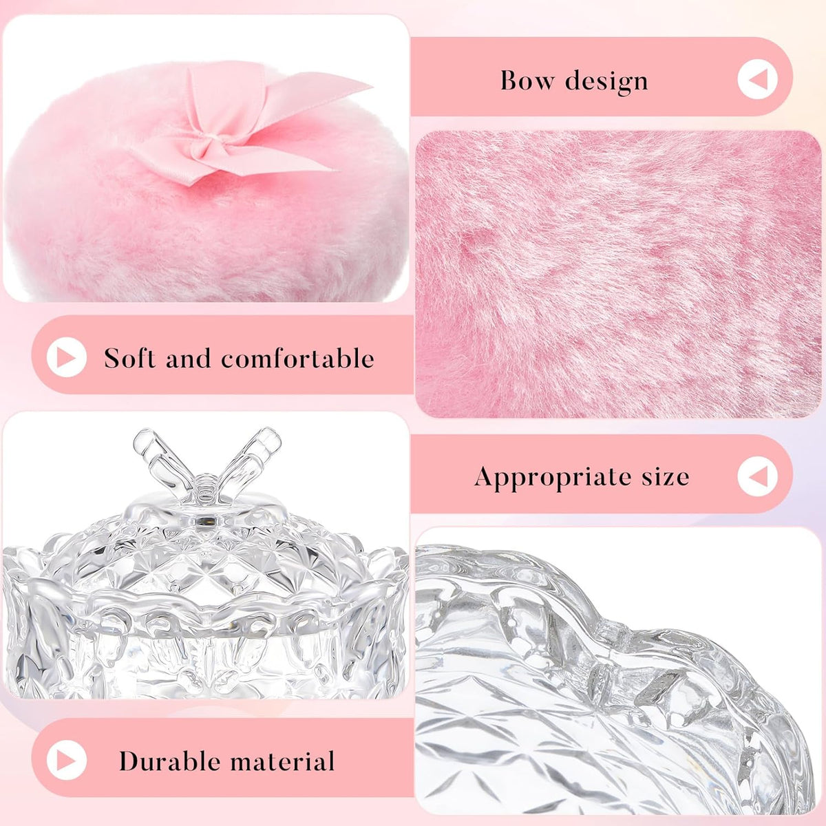 Tioncy 3 Pcs Large Body Powder Puff and Container Valentine's Day gift Powder Container with Puff Crystal Case Soft Washable Reusable Velour Face Body Glitter Wet Dry Makeup (Classic,Clear)