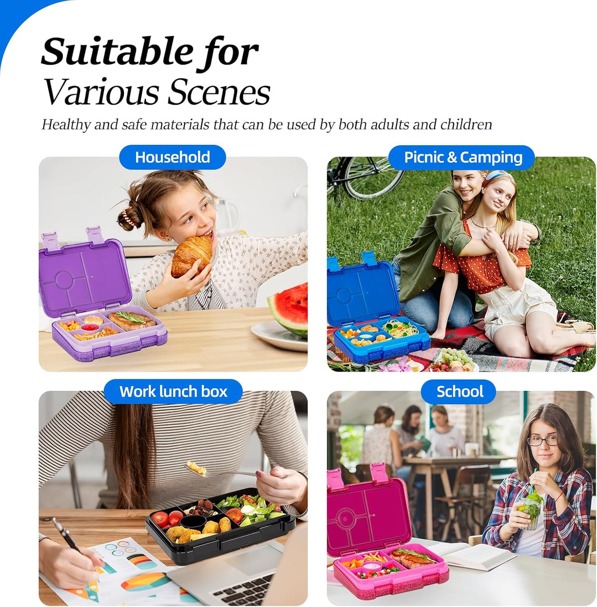 Bento Lunch Box for Kids, 6 Compartments BPA Free, Dishwasher Safe Back to School Snack Bento Lunch Containers Boxes, Ideal Portion Sizes for On-the-Go Meal, Ages 3+, School, Green Patterned