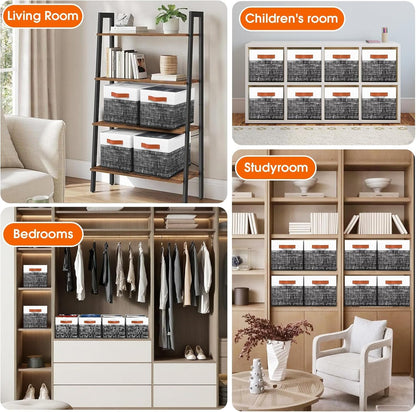 Fab totes Collapsible Storage Baskets for Shelves,14"x10", Foldable Fabric Storage Bins with Double Leather Handles, Large Baskets for Organizing Books, Clothes, White & Grey