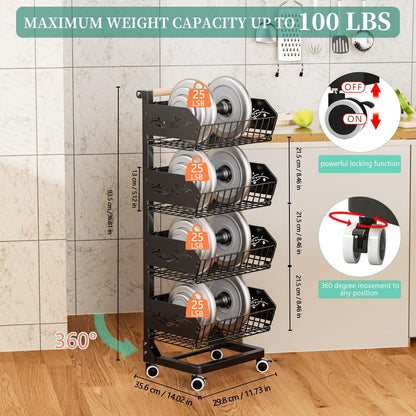 Heavy 4-Tier Snack Cart with Wheels ，Removable Rolling Pantry Floor Organizers ，Upgraded Wider and Thicker, Kitchen Fruit Basket Stand and Storage Rack for Fruit Snack Onion Potato