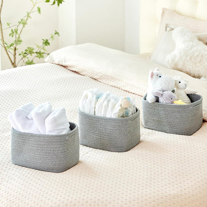 R RUNKA Small Cotton Rope Basket – Storage Bin for Organizing (10.6" x 6.7" x 6.7"), Bathroom Storage Basket for Shelf, Counter & Closet（Beige）
