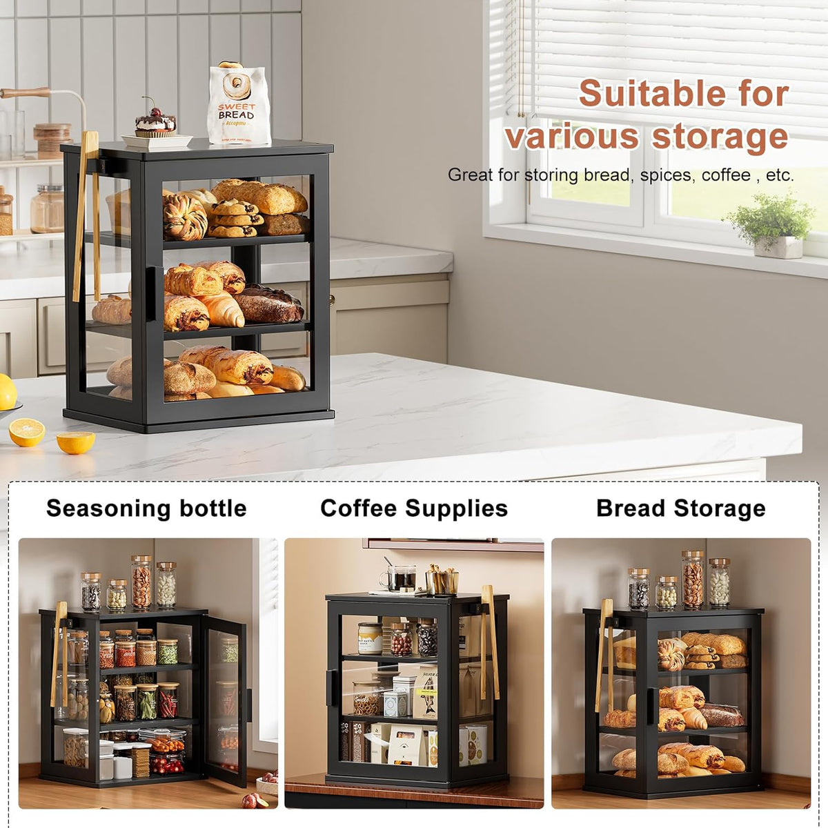WOWLIVE Black Bread Box for Kitchen Countertop, Large 3 Layers Bread Storage Container for Homemade Bread with Window, Farmhouse Breadbox Organizer for Kitchen, Cabinet, Pantry (Black, Meduim)