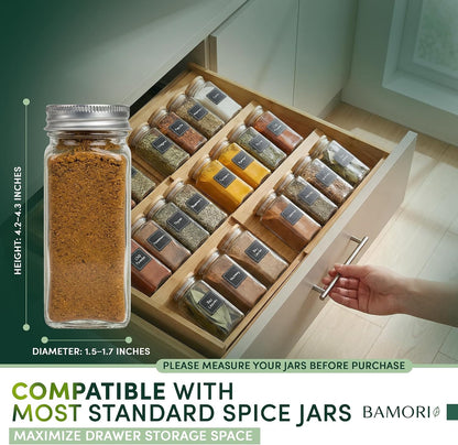 Bamboo Spice Drawer Organizer – Expandable Spice Rack for Drawer – 4 Tiered Premium Bamboo Kitchen Seasoning Organizer for Drawer Spice Organizer, Seasoning rack insert for Cabinet