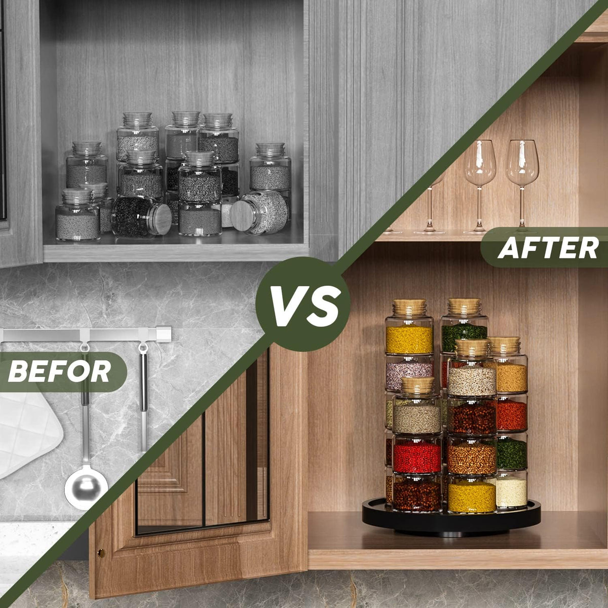 Lazy Susan Organizer, 10 Inch Non-Skid Bamboo Turntable Organizer for Salt Pepper Olive Oil and Spices Next to Stove, Wooden Lazy Susan for Table or Kitchen Countertop Organizer