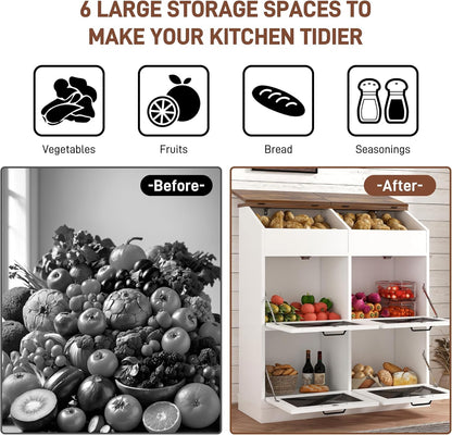 Potato And Onion Storage Bin with Lid,Veggie Bin W/6 Large Storage Box.Root Vegetable Storage Box For Kitchen,Farmhouse Potato Storage Bin W/4 Mesh Doors,Bread Keeper for Toast,Bagel,Donut,Cookies