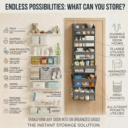 HOMELUX THEORY UPGRADED 6 Tiers Over The Door Organizer Hanging - 100D EXTRA THICK & 50lbs HUGE CAPACITY, 12 Side Mesh Pockets Over The Door Shoe Organizer, Hanging Closet Organizer (Ivory, 1pc)