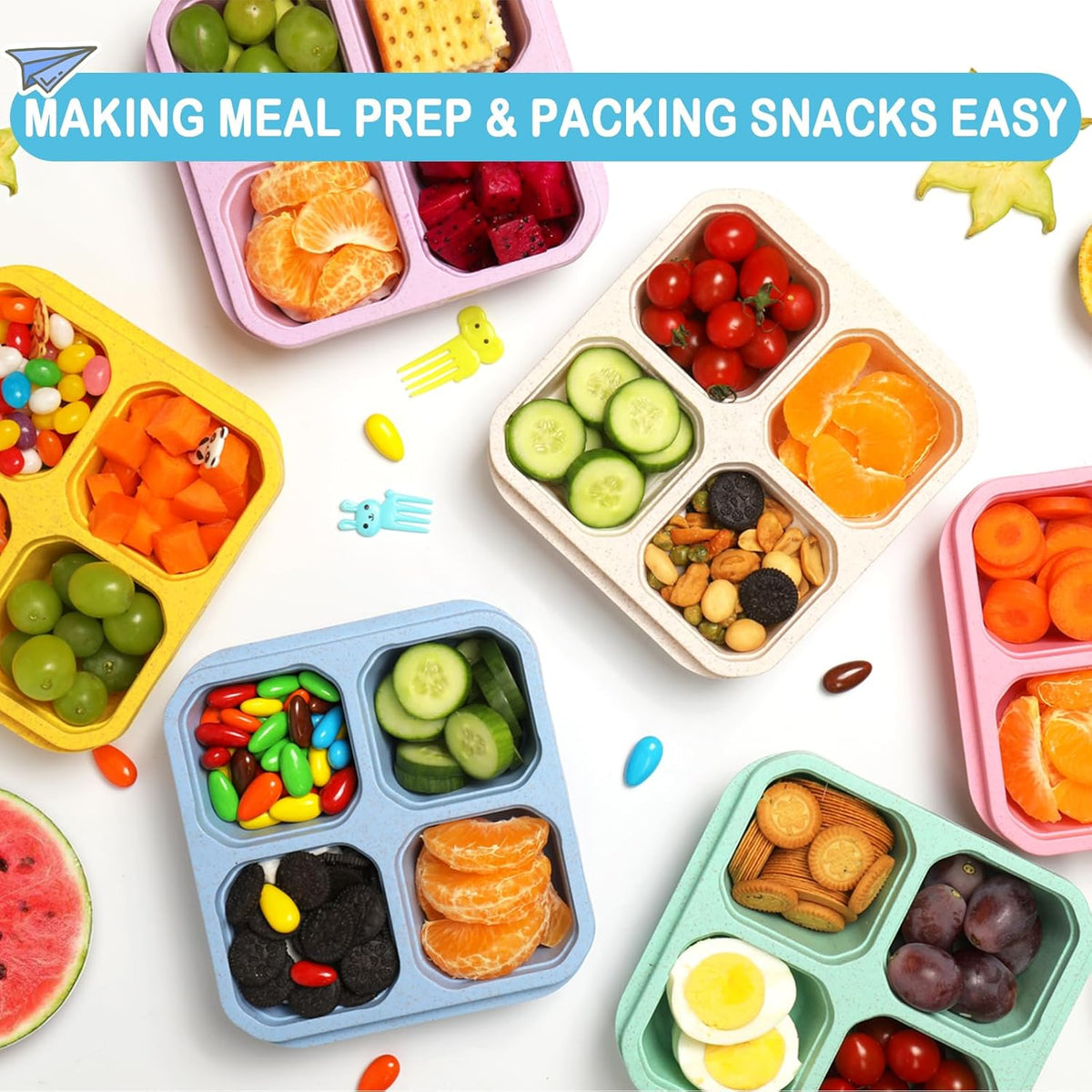 6 Pack Bento Box, 4 Compartment Lunchable Snack Containers with Lids for Meal Prep, School, Travel, Reusable Divided Lunch Food Container for Adults, Kids, Toddlers