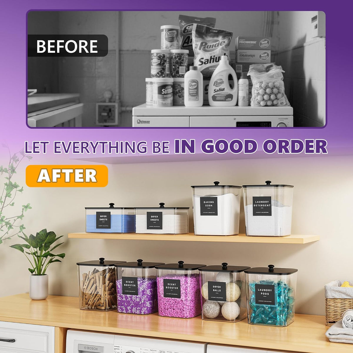 4 Pack Laundry Pods Container, Clear Laundry Room Organization Containers Essentials, Large Detergent Powder Storage Containers Black Wooden Lids & Labels Signs, Home Acrylic Laundry Pods Holder