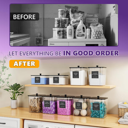4 Pack Laundry Pods Container, Clear Laundry Room Organization Containers Essentials, Large Detergent Powder Storage Containers Black Wooden Lids & Labels Signs, Home Acrylic Laundry Pods Holder