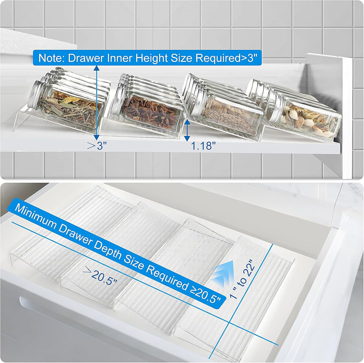 Spice Organizer for Drawer, Clear Acrylic Drawer Seasoning Organizer, Expandable From 11'' to 22'' Spice Drawer Organizer, Ideal for Kitchen Spice Organization (Jars not included)