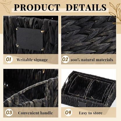 Wonderjune 4 Pcs Water Hyacinth Storage Basket Set Boho Wicker Rattan Pantry Basket with Chalkboard Label Handles Woven Container Kitchen Laundry Large Small for Shelves Food Home Bathroom Decor