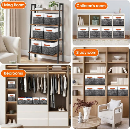 Fab totes Collapsible Storage Baskets for Shelves,14"x10", Foldable Fabric Storage Bins with Double Leather Handles, Large Baskets for Organizing Books, Clothes, White & Grey