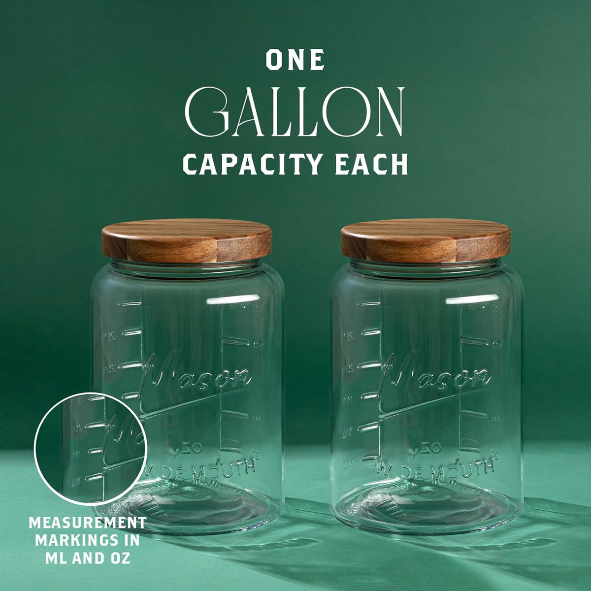 kitchentoolz Extra Large Mason Jar - 1 Gallon Glass Wide Mouth Jar with Airtight Wooden Lid, Food Storage Container with Measurement Markings For Kitchen Pantry, Pickling, Cookies, Flour & Sugar