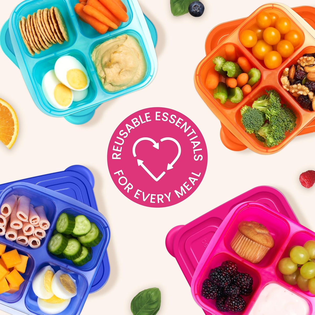 Bentgo Easyboxes 4-Compartment Snack Containers - 8-Piece Set with 4 Trays & 4 Custom-Fit Lids to Seal in Freshness - Reusable Food Storage & Meal Prep Bento BPA-Free Containers (Brights 4-Pack)