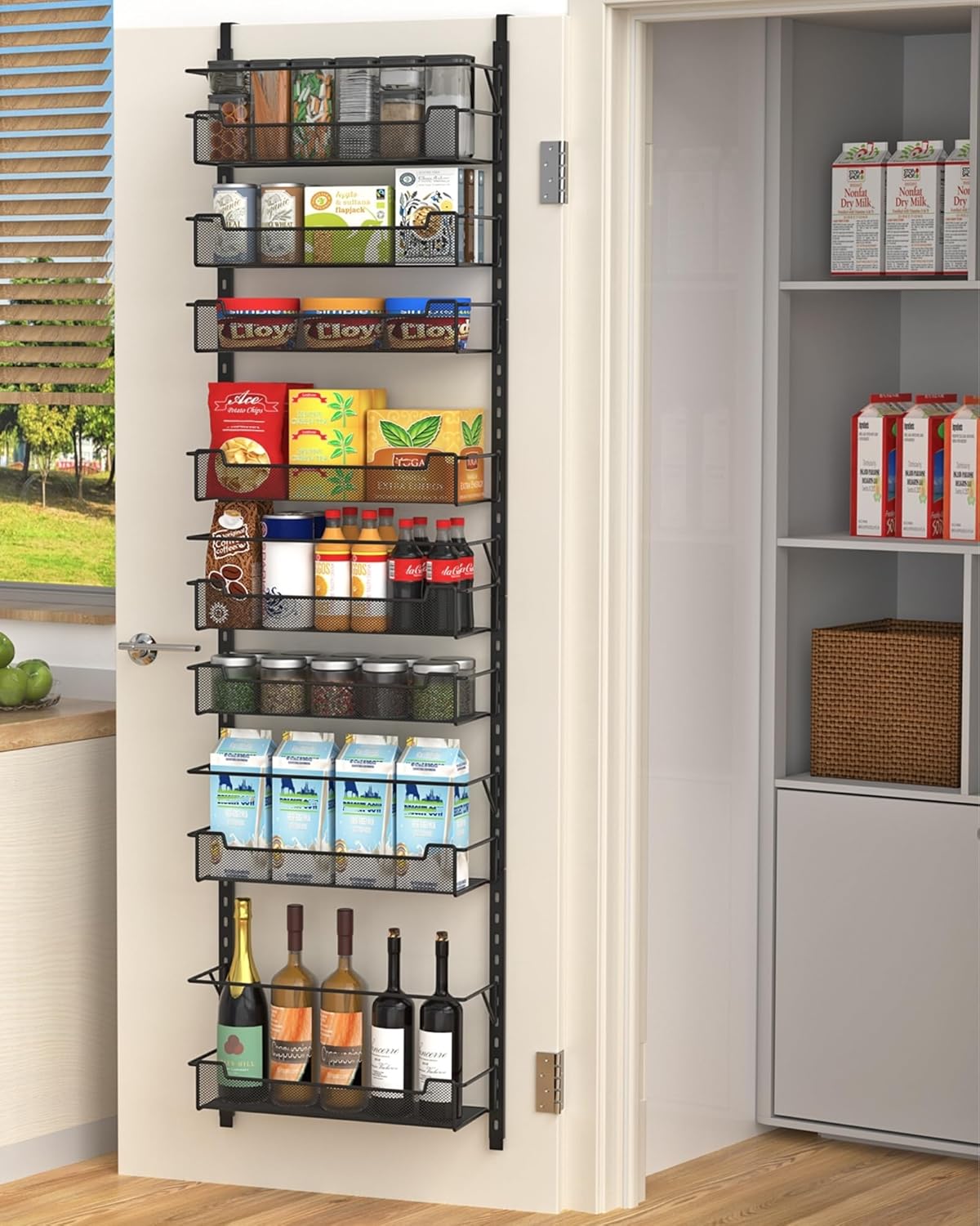 VyGrow 12.3" W Narrow Over the Door Pantry Organizer, 6-Tier Over the Door Organizer with Adjustable Basket, Pantry Door Organization for Pantry Kitchen Storage Room Spice Rack, White