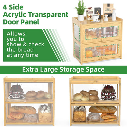 BAMBANG Bamboo Bread Box for Kitchen Countertop, Extra Large Farmhouse Bread Box with 4-Side Clear Panels, Wooden Bread Storage Container for Homemade Bread, Natural