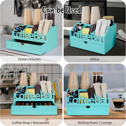 Coffee Bar Organizer for Countertop – Wooden Coffee Caddy with Compartments for Pods, Sugar Packets, and Accessories – Coffee Condiment Station Storage for Home and Office (Black)