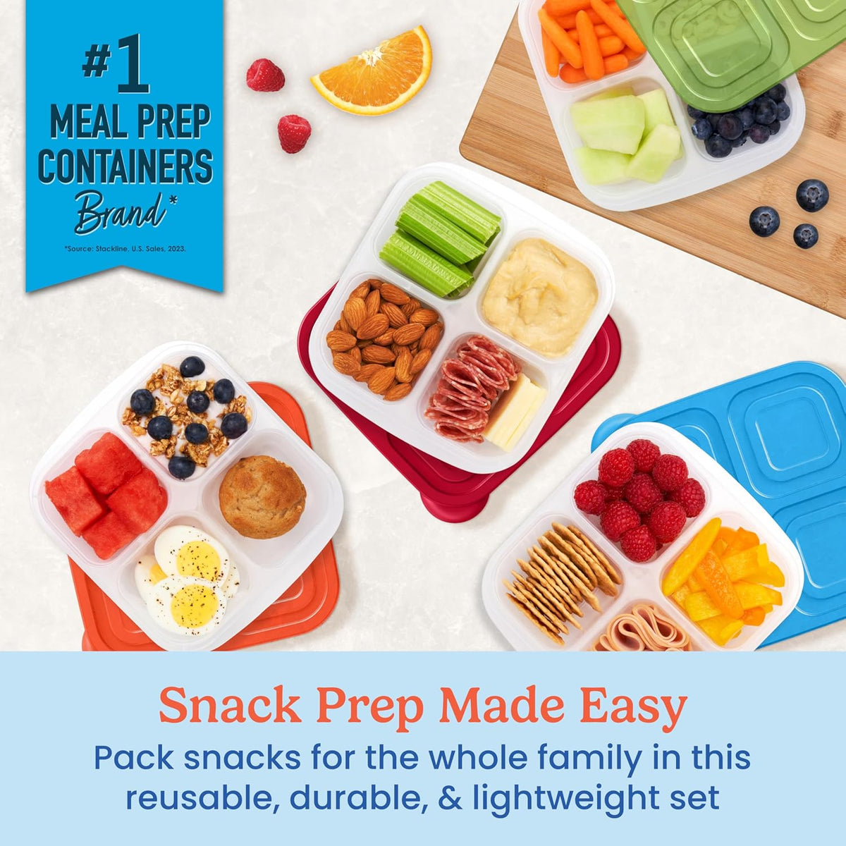 Bentgo Easyboxes 4-Compartment Snack Containers - 8-Piece Set with 4 Trays & 4 Custom-Fit Lids to Seal in Freshness - Reusable Food Storage & Meal Prep Bento BPA-Free Containers (Brights 4-Pack)