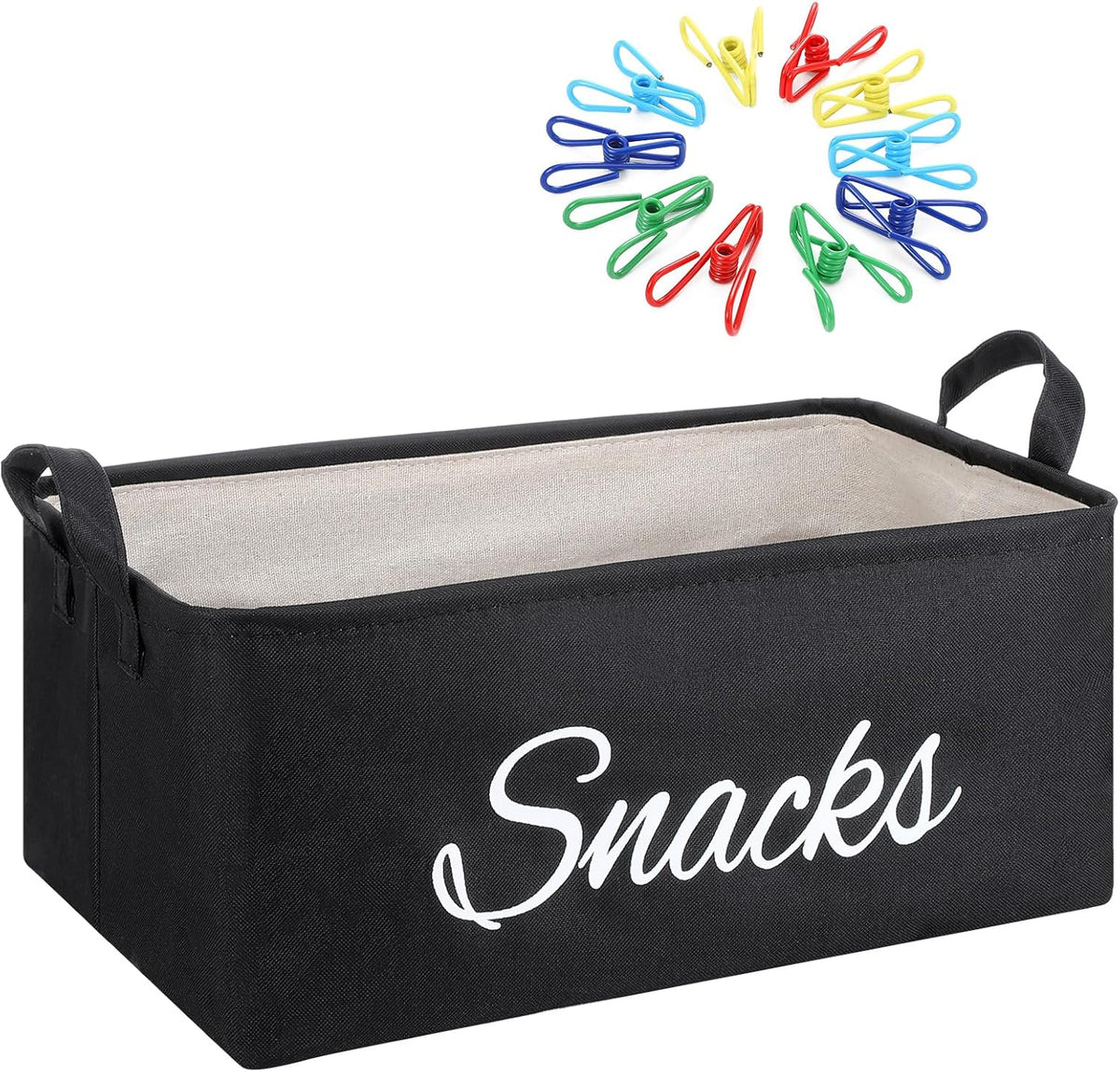 Newtay 17 Pcs Snack Basket Sets, Snack Storage Bin for Pantry Shelves with 16 Pcs 2 Inch Chip Clips, Basket Organizer for Kitchen Home, Chips, Popcorn, Candy, Pretzels(Burlap,Khaki)
