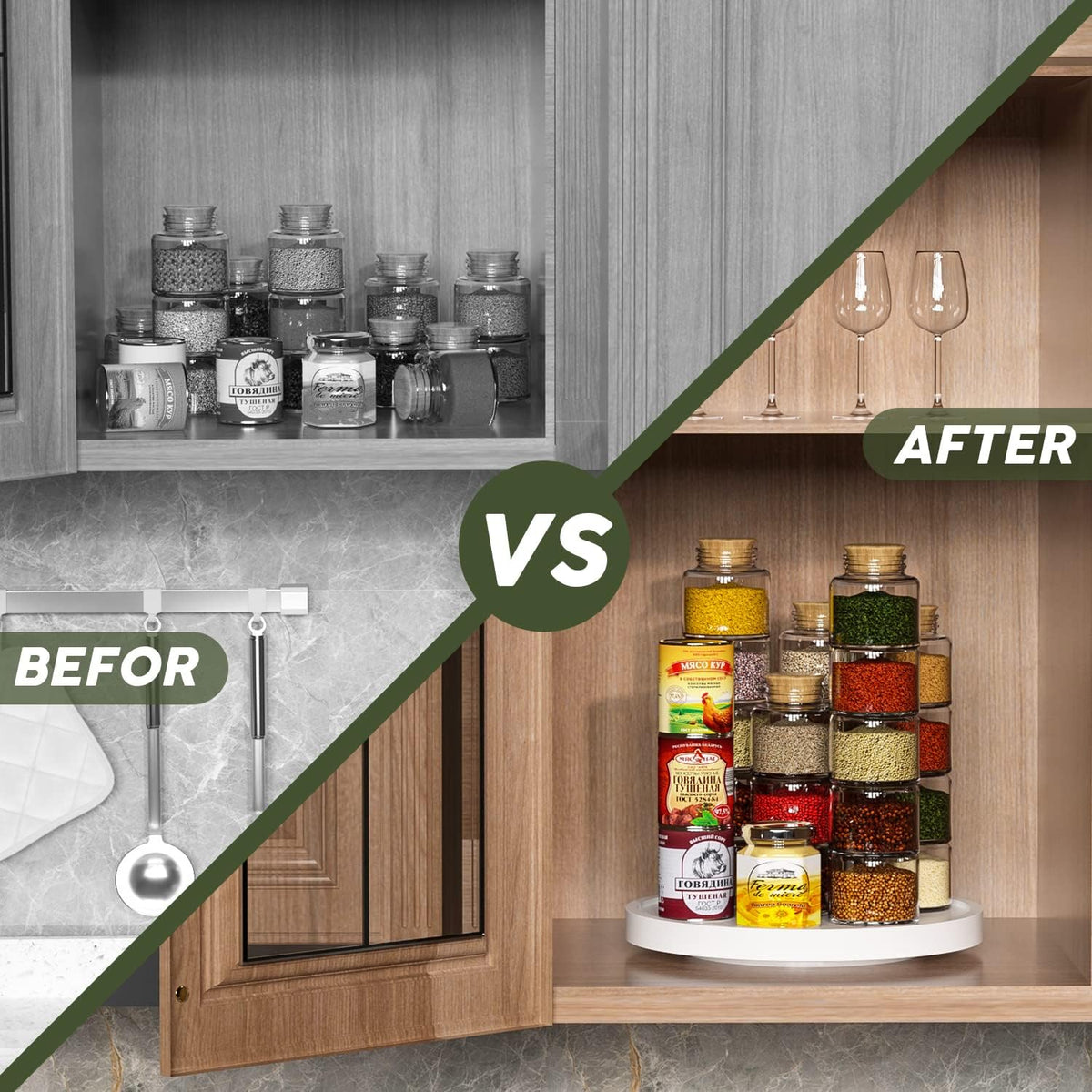 Lazy Susan Organizer, 10 Inch Non-Skid Bamboo Turntable Organizer for Salt Pepper Olive Oil and Spices Next to Stove, Wooden Lazy Susan for Table or Kitchen Countertop Organizer