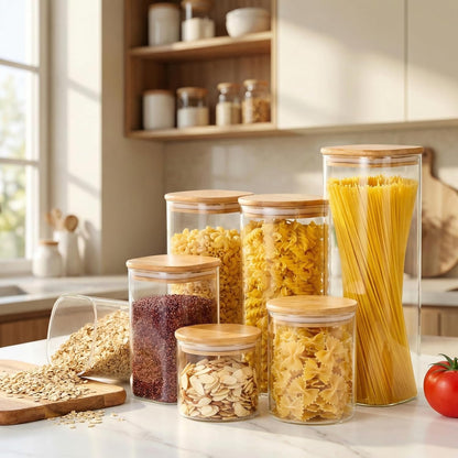 Extra Large Square Glass Flour & Sugar Storage Containers with Airtight Lids, 168 floz - Glass Jars with Bamboo Lids for Pantry, Air tight Food Storage Containers for Cereal, Pasta, Rice