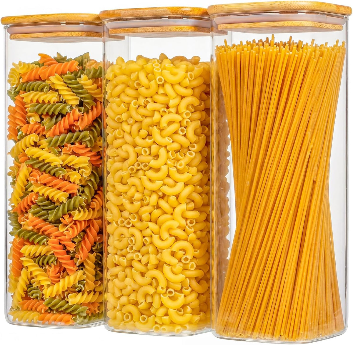 3-Pack 2.2Qt Square Glass Spaghetti Jars with Bamboo Lids, Tall Food Storage Containers for Pantry Organization, Elegant Kitchen Storage Canister for Pasta, Penne, Macaroni, Lasagna, Fusilli