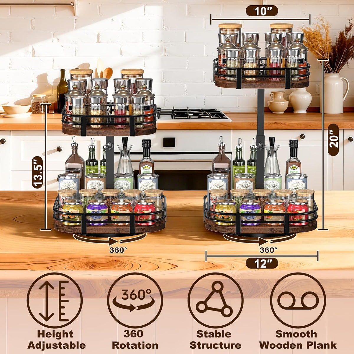 12" Large Lazy Susan Turntable Organizer Adjustable - Rotating Spice Rack for Table Top, 2 Tier Wood Spice Cabinet Organizer for Pantry Kitchen Countertop Coffee Bar Cupboard Bathroom Vanity Storage