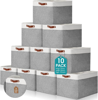 Uiifan 10 Pcs Collapsible Storage Bins Fabric Foldable Storage Basket with Handles Cloth Organizer Linen Shelf Baskets for Shelves Home Closet Nursery Toys(16 x 12 x 10 Inch,Gray and White)