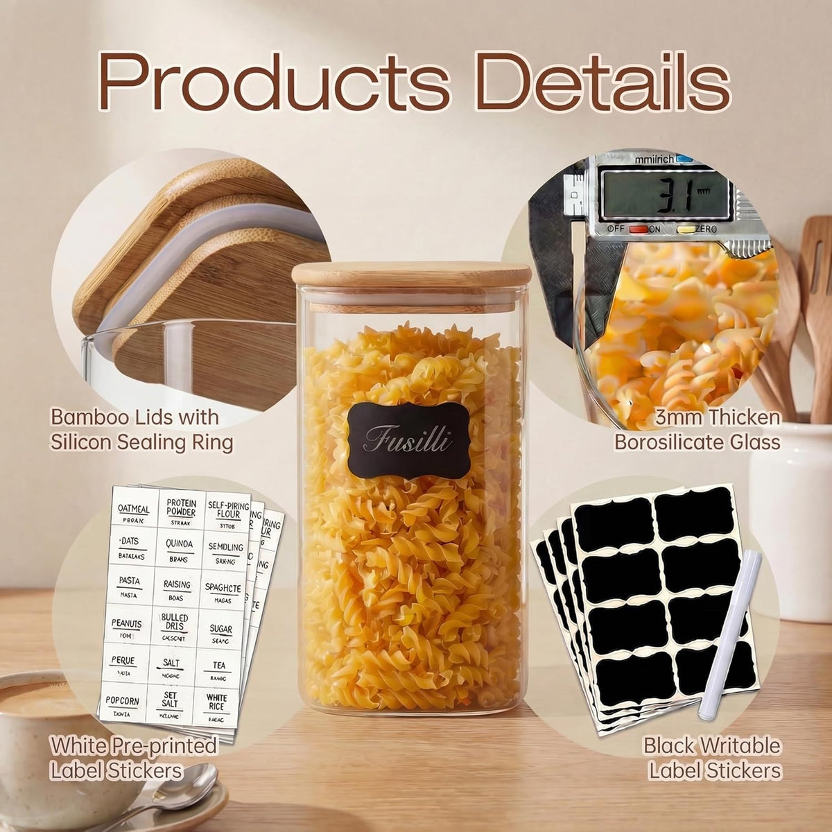 Extra Large Square Glass Flour & Sugar Storage Containers with Airtight Lids, 168 floz - Glass Jars with Bamboo Lids for Pantry, Air tight Food Storage Containers for Cereal, Pasta, Rice