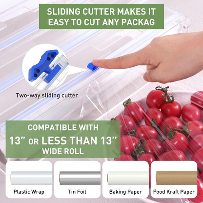 Kitchen Wrap Organizer, Foil and Plastic Wrap Organizer 3 in 1 with Sliding Cutter, Acrylic Wrap Dispenser for Drawer or Wall Mount, Fits 12 Inch Rolls
