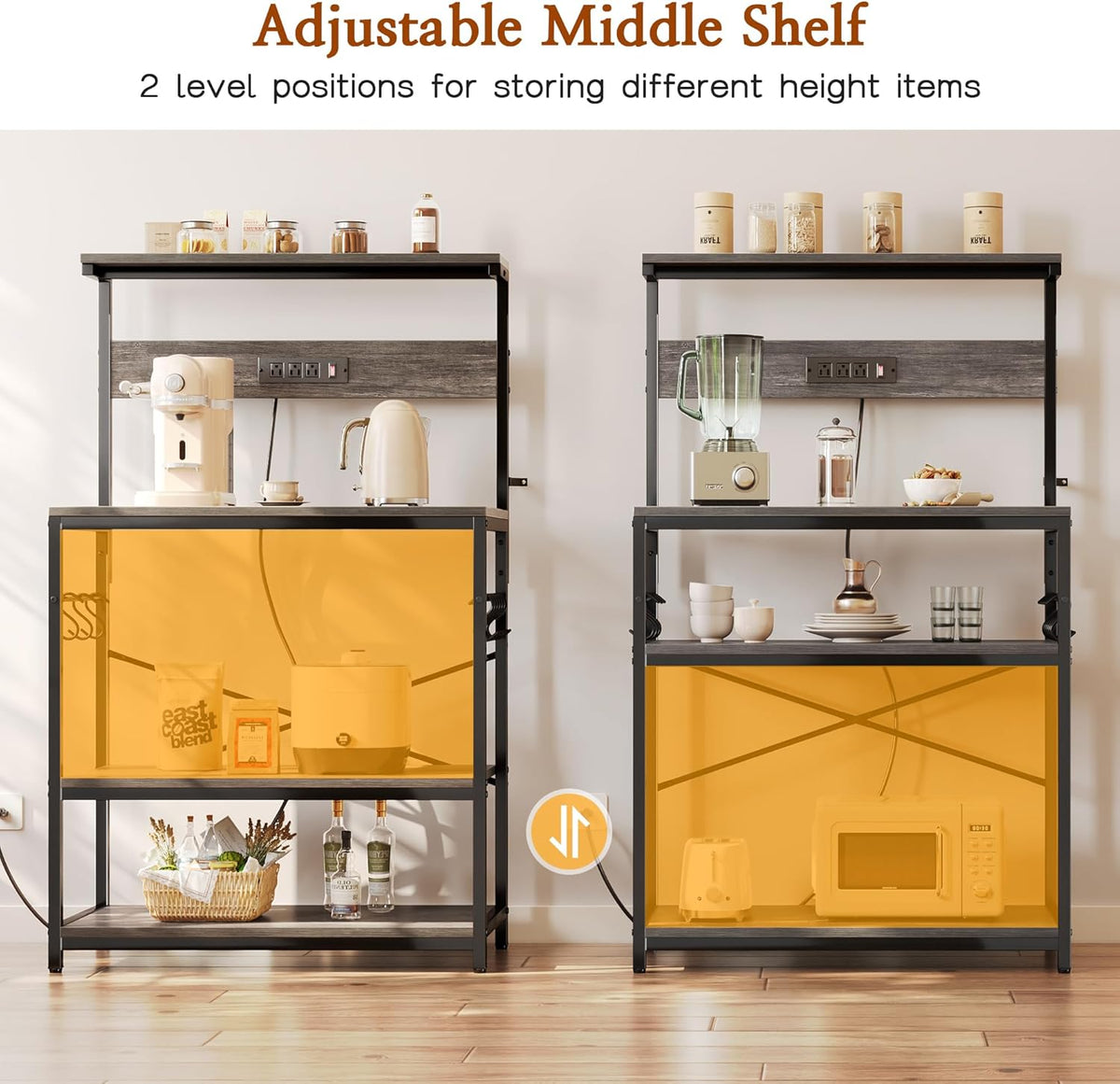 SUPERJARE Kitchen Bakers Rack with Power Outlet, Coffee Bar Table 4 Tiers, Kitchen Microwave Stand with 6 S-shaped Hooks, Storage Shelf Rack for Spices, Pots and Pans - Rustic Brown