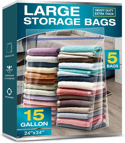 25 Gallon Jumbo Storage Bags, 3.5 Mil Thick Clear Plastic Zipper Bags with Handles, 35" x 24" Extra Large XL Heavy Duty for Home, Travel, and Moving (5 Packs)