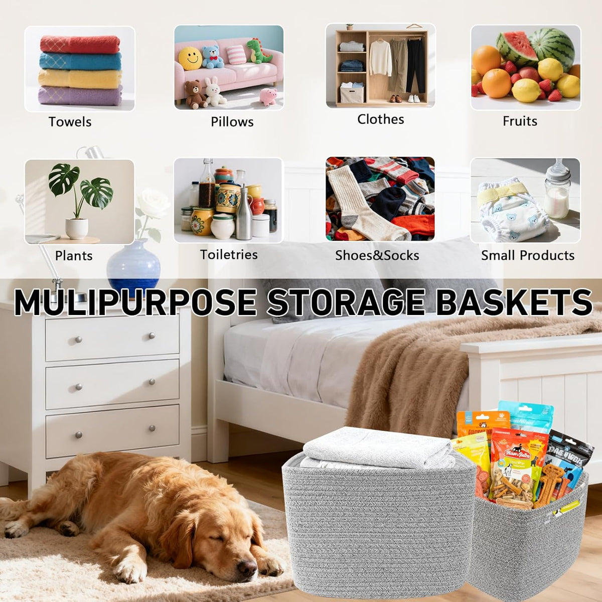 3 Pack Woven Rope Storage Baskets for Shelves,13.5"×11"×9.5" Storage Bins with Handles,Empty Gift Baskets,Nursery Organizer for Toys,Towels,Books,Closet,Living Room,Bedroom (White & Brown)