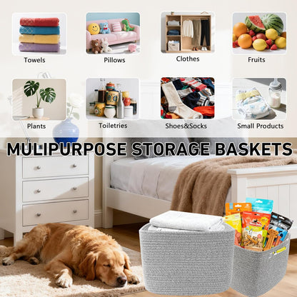3 Pack Woven Rope Storage Baskets for Shelves,13.5"×11"×9.5" Storage Bins with Handles,Empty Gift Baskets,Nursery Organizer for Toys,Towels,Books,Closet,Living Room,Bedroom (White & Brown)