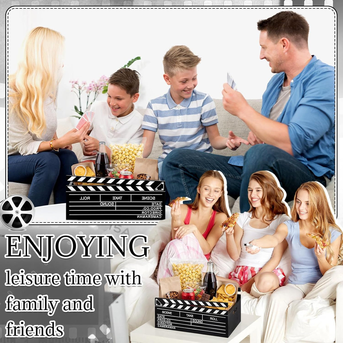 Movie Night Supplies Snack Trays with Handles Reusable Wooden Movie Gift Basket for Theater Popcorn Bucket Bowl Box Container Family Room Decor(Classic Style)