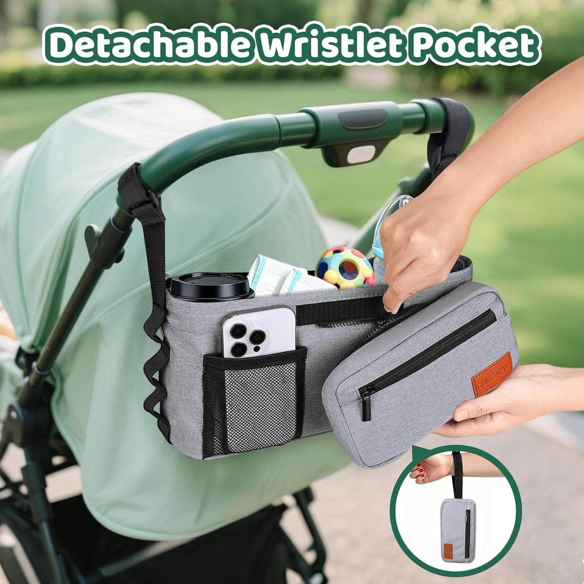 Guiseapue Universal Stroller Organizer with Cup Holder: Baby Essentials, Stroller Caddy Accessories with Detachable Phone Bag, Non-Slip Straps, Fits for Uppababy, Baby Jogger, New Moms Baby Gifts