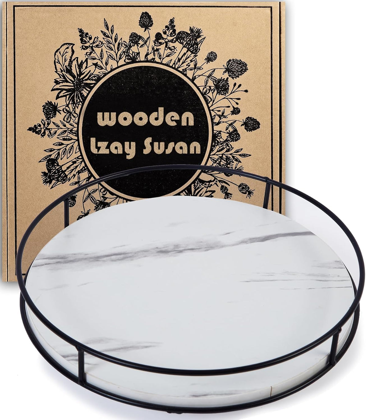 9" Acacia Wood Lazy Susan Turntable, Tomoaza Kitchen Organizer Turntable with Steel Sides, 360 Degree Lazy Susan for Countertop Cabinet or Dining Table