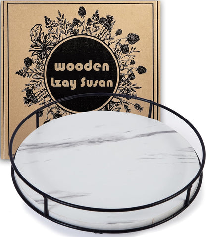 9" Acacia Wood Lazy Susan Turntable, Tomoaza Kitchen Organizer Turntable with Steel Sides, 360 Degree Lazy Susan for Countertop Cabinet or Dining Table