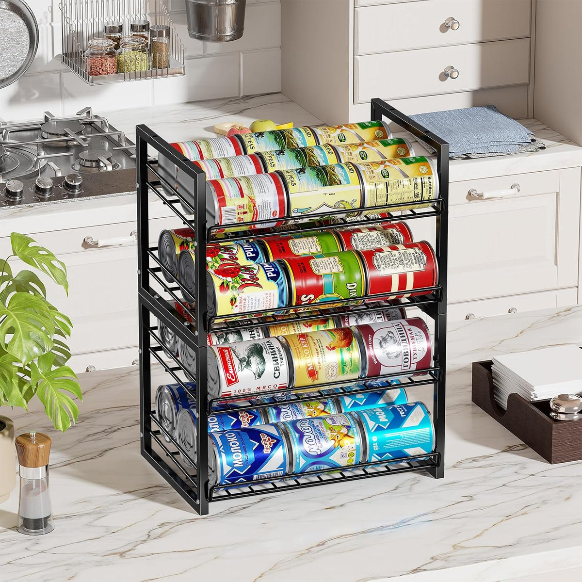 2-Tier Stackable Can Organizer 2 Pack, Pantry Can Dispenser Holds Up to 48 Cans, Metal Wire Basket of Canned Food Soda Drinks, Black