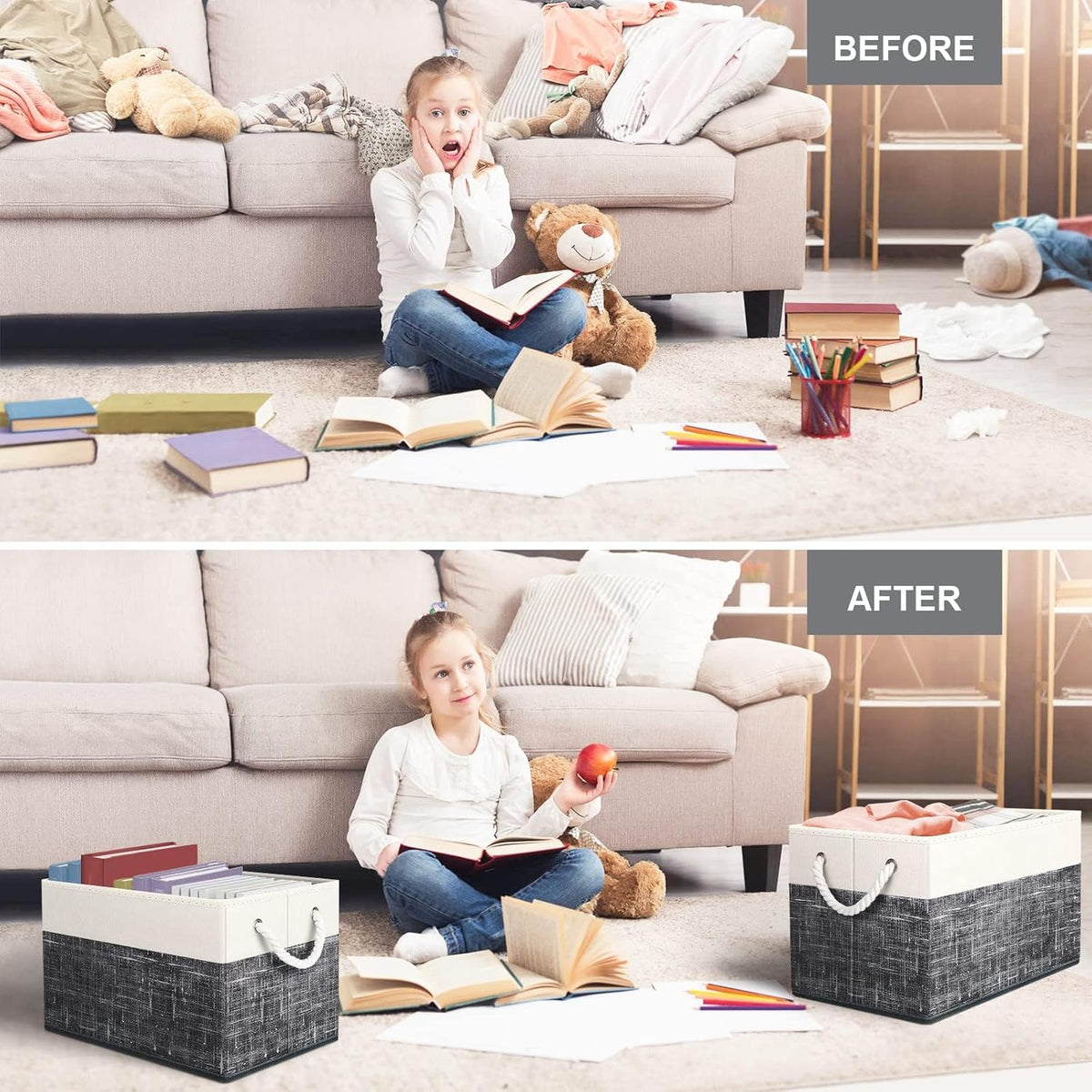 Fab totes Storage Bins, Foldable Storage Baskets for Organizing Toys, Books, Shelves, Closet, Large Storage Box with Rope Handles, Sturdy Organizer Bins, White & Grey
